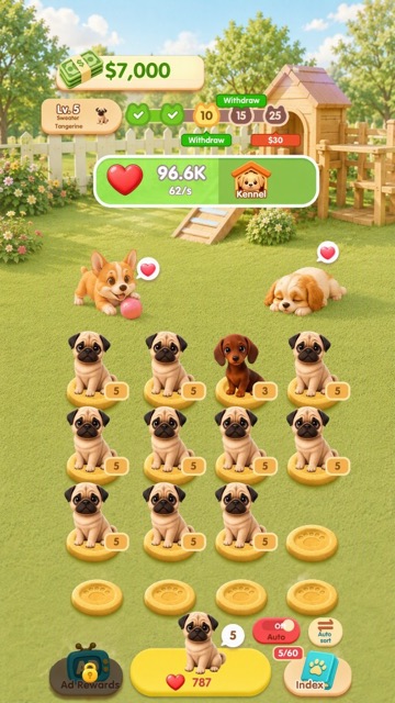Sunny lawn with several puppy breeds